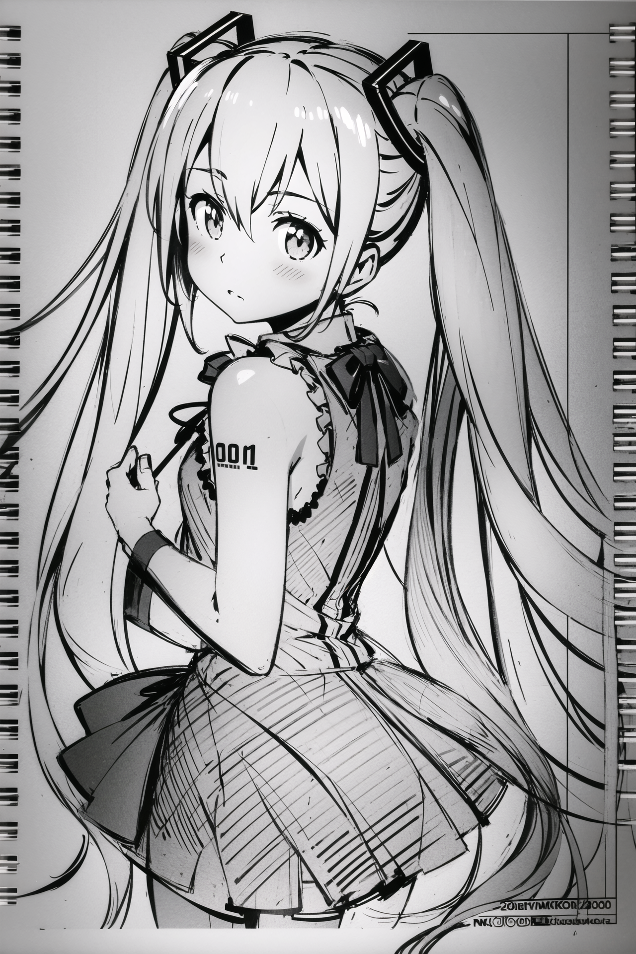 06940-4018889160-1girl, monochrome, long hair, solo, twintails, greyscale, hatsune miku, looking back, very long hair, lineart, sketch, _lora_Kan.png